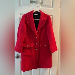 Zara Red Textured Blazer with Gold Buttons
